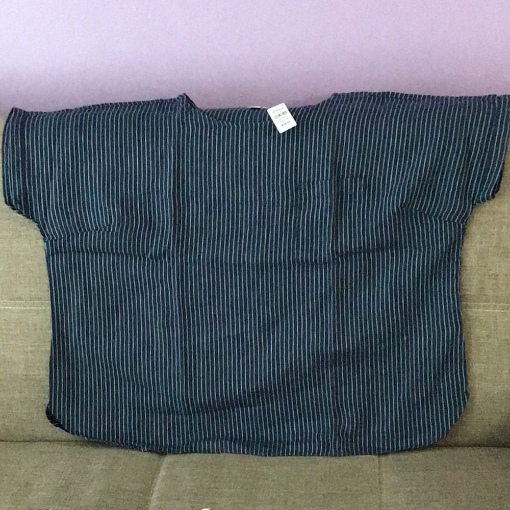 LL Bean Top Womens 3X Navy Whites Boho Linen Short Sleeve Striped Pocket Tee